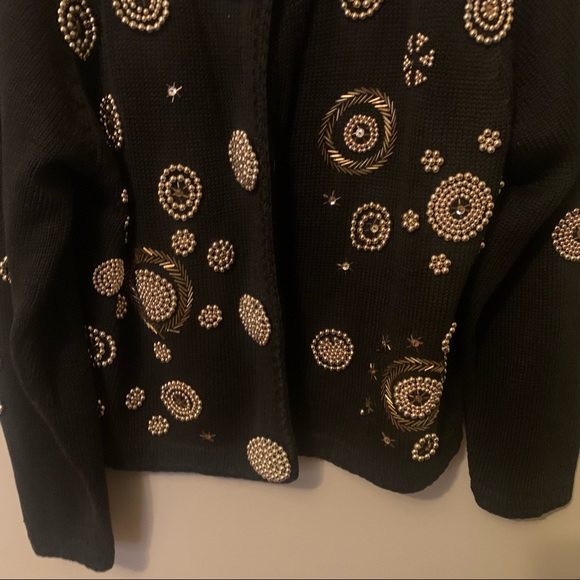VINTAGE Beaded Art Deco Revival Gold Ornate Black Knit Vintage Glam Cardigan - Picture 3 of 14